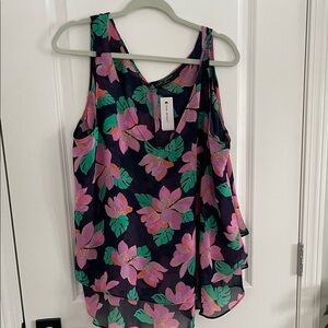 Lane Bryant Floral Sleeveless Blouse - Pink and Green on Black